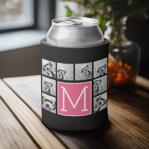 Black Hot Pink Instagram 8 Photo Collage Monogram Can Cooler