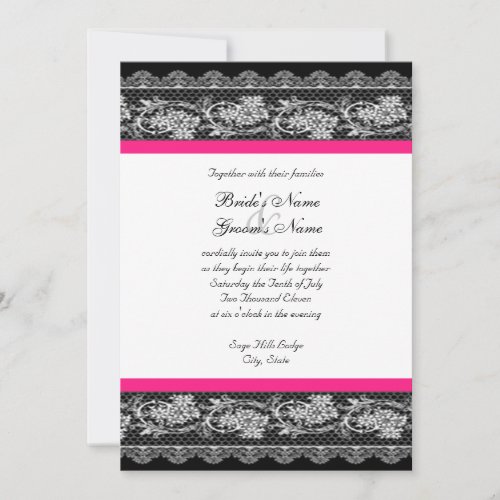 Black Hot Pink Lace Wedding Invitation