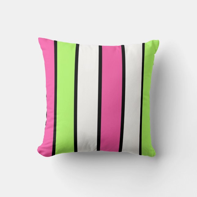 Black, hot pink, lime green and white stripes Amer Throw Pillow (Front)