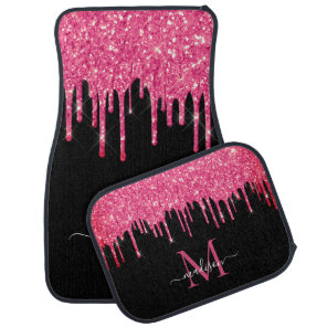 Black Hot Pink Magenta Glitter Dripping Monogram Car Floor Mat