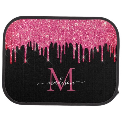 Black Hot Pink Magenta Glitter Dripping Monogram Car Floor Mat