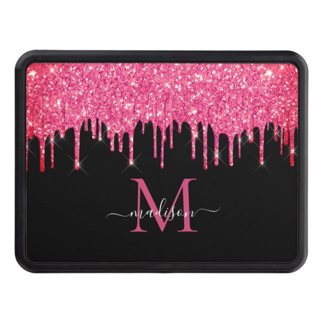 Black Hot Pink Magenta Glitter Dripping Monogram Hitch Cover (Front)