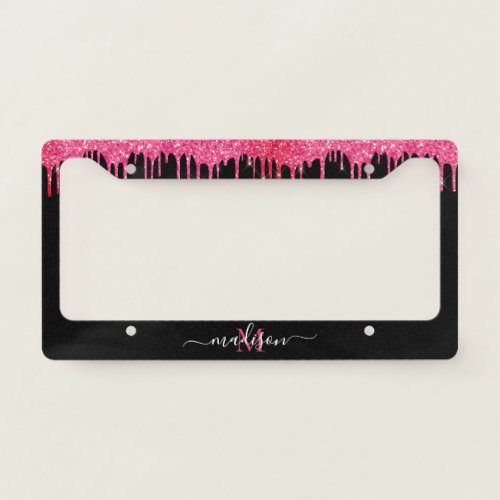 Black Hot Pink Magenta Glitter Dripping Monogram L License Plate Frame