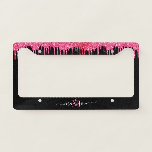 Black Hot Pink Magenta Glitter Dripping Monogram L License Plate Frame (Front)