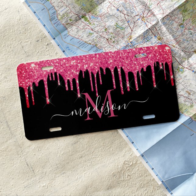 Black Hot Pink Magenta Glitter Dripping Monogram License Plate (In Situ)