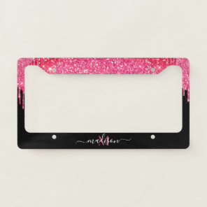 Black Hot Pink Magenta Glitter Dripping Monogram License Plate Frame