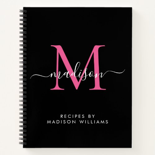 Black Hot Pink Magenta Monogram Script Name Recipe Notebook