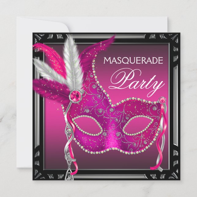 Black Hot Pink Mask Hot Pink Masquerade Party Invitation (Front)