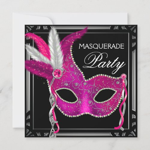 Black Hot Pink Masquerade Party Invitation