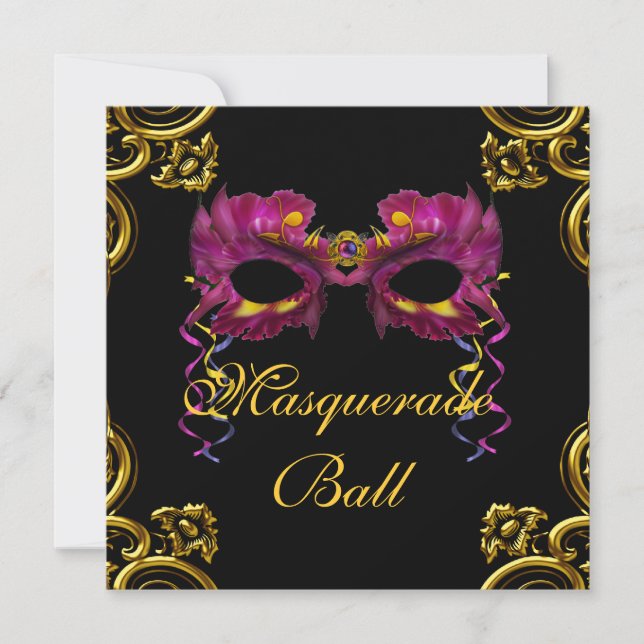 Black Hot Pink Masquerade Party Invitations (Front)