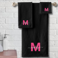 Black Hot Pink Modern Script Name Monogram
