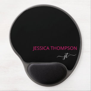 Black Hot Pink Modern Simple Script Monogram Name Gel Mouse Pad