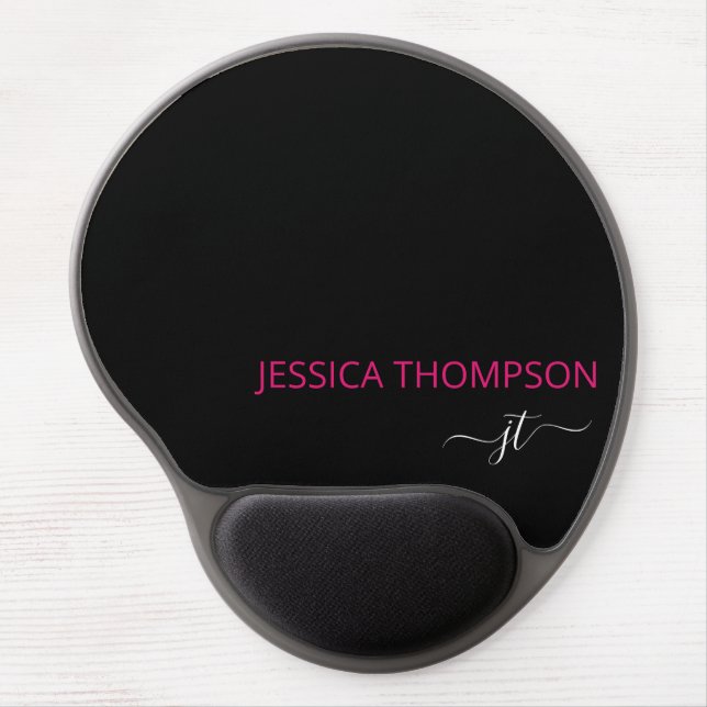 Black Hot Pink Modern Simple Script Monogram Name Gel Mouse Pad (Front)