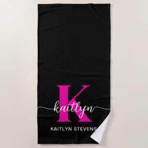 Black Hot Pink Monogram Beach Towel
