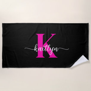 Black Hot Pink Monogram Beach Towel