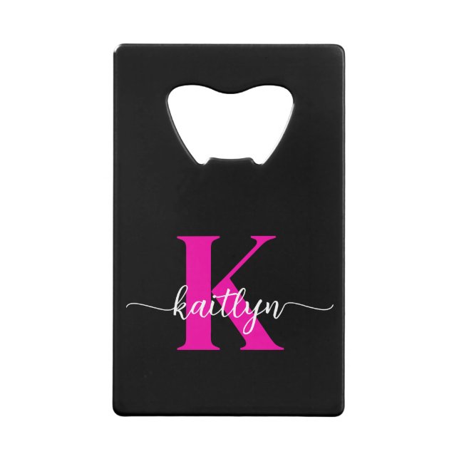 Black Hot Pink Monogram Credit Card Bottle Opener (Front)
