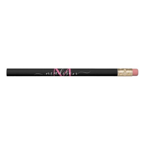 Black Hot Pink Monogram Feminine Script Name Pencil