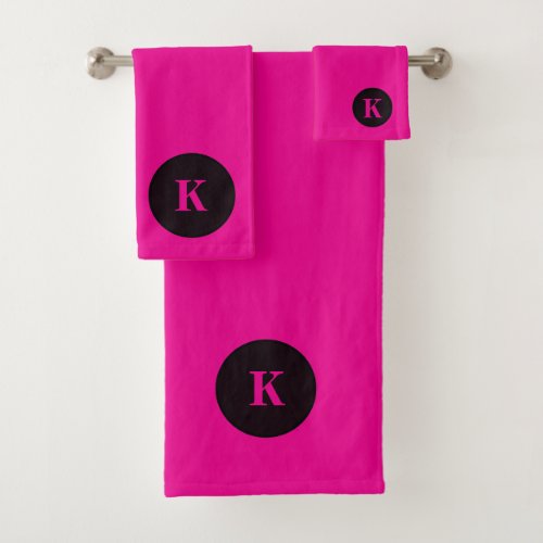 Black Hot Pink Monogram Initial Colorful Modern Bath Towel Set