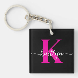 Black Hot Pink Monogram Keychain