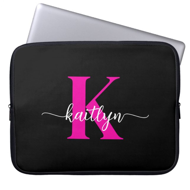 Black Hot Pink Monogram Laptop Sleeve (Front)