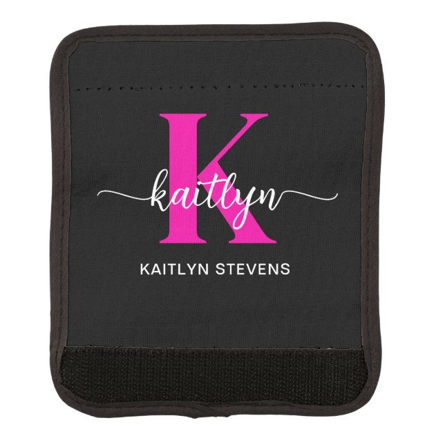 Black Hot Pink Monogram Luggage Handle Wrap (Front)