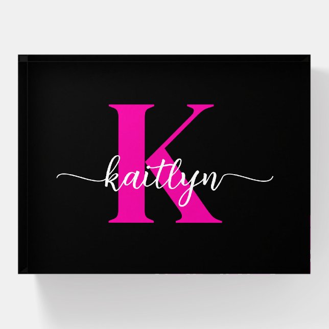 Black Hot Pink Monogram Paperweight (Front)
