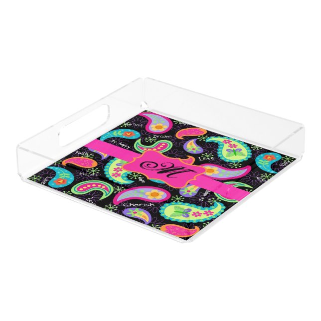 Black Hot Pink Monogram Personalized Mod Paisley Acrylic Tray (Angled)