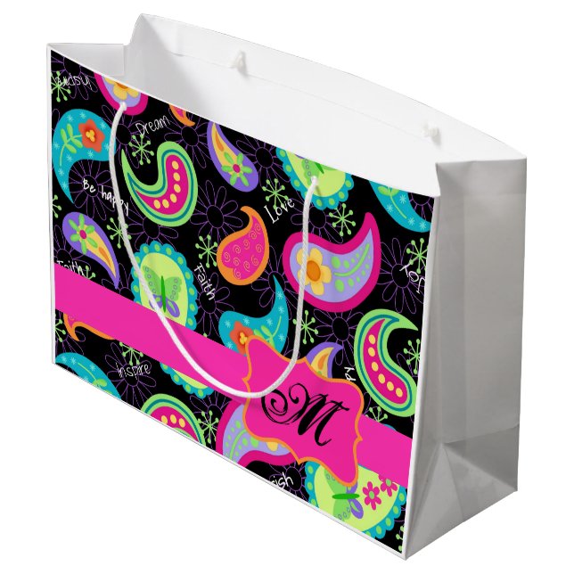 Black Hot Pink Monogram Personalized Mod Paisley Large Gift Bag (Back Angled)