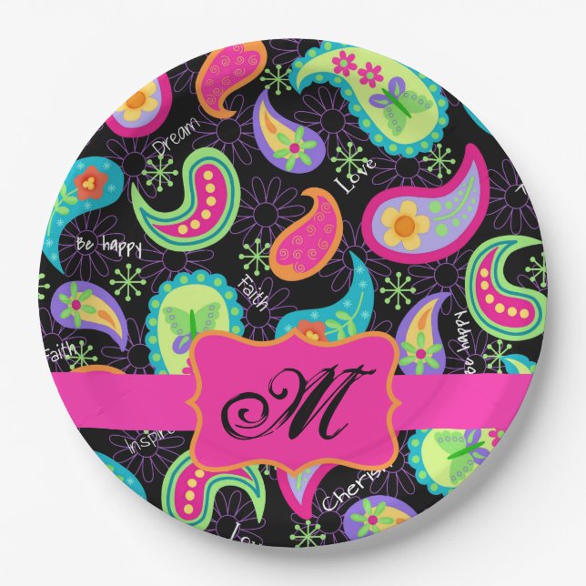Black Hot Pink Monogram Personalized Mod Paisley Paper Plates (Front)
