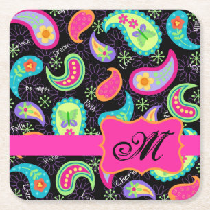 Black Hot Pink Monogram Personalized Mod Paisley Square Paper Coaster