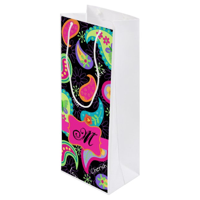 Black Hot Pink Monogram Personalized Mod Paisley Wine Gift Bag (Back Angled)