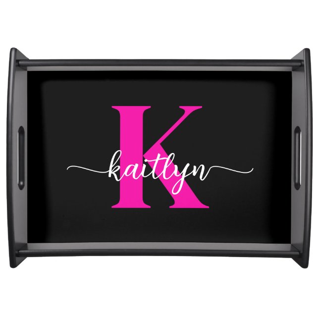 Black Hot Pink Monogram Serving Tray (Front)