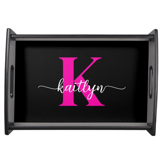 Black Hot Pink Monogram Serving Tray (Front)