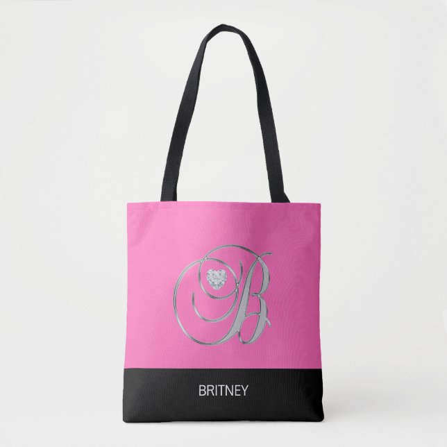 Black HOT PINK Monogrammed Letter Initial B Tote Bag (Front)