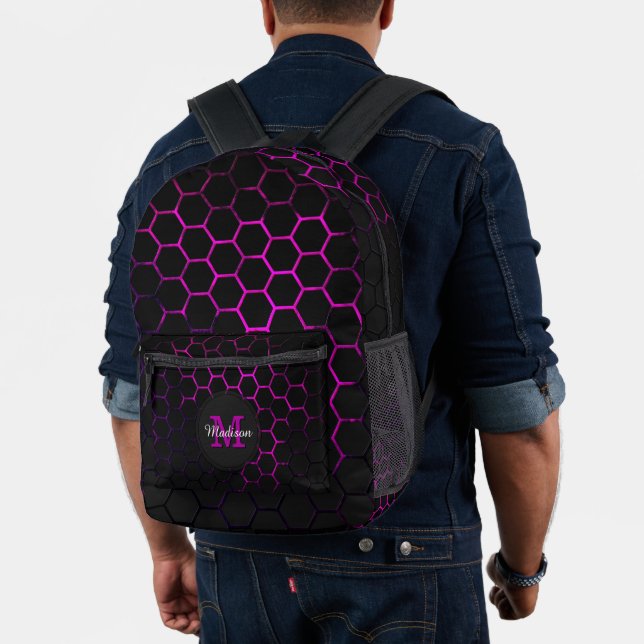Black hot pink neon honeycomb geometry Monogram Printed Backpack (Insitu (Model))