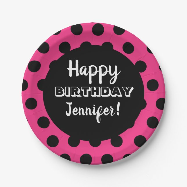 Black & Hot Pink Polka Dot Custom Birthday Paper Plates (Front)