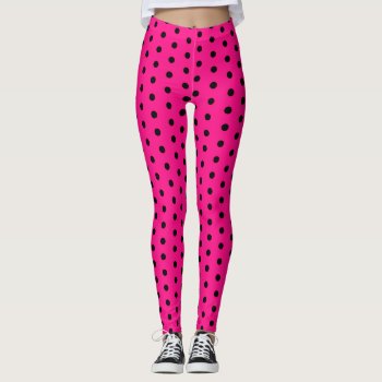 Black Hot Pink Polka Dots Retro Pattern Cute Cool Leggings by PLdesign at Zazzle