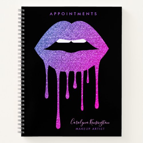 Black Hot Pink Purple Dripping Glitter Lips Makeup Notebook