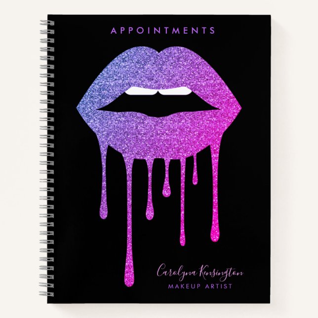 Black Hot Pink Purple Dripping Glitter Lips Makeup Notebook (Front)
