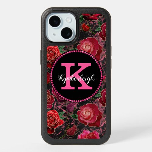 Black Hot Pink Roses Marble Diamond Monogram Name iPhone 15 Case