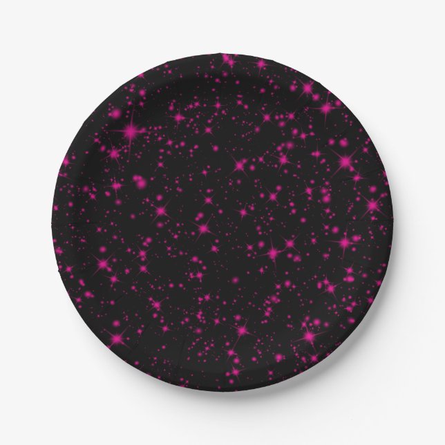 Black & Hot Pink Sparkles Sparkly Glitter Stars Paper Plates (Front)