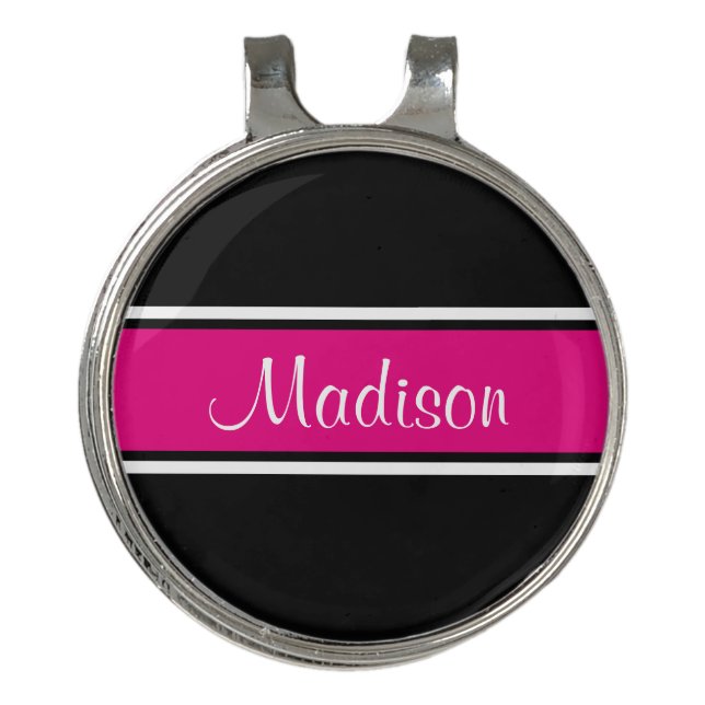 Black Hot Pink Stripe Script Name Golf Hat Clip (Front)