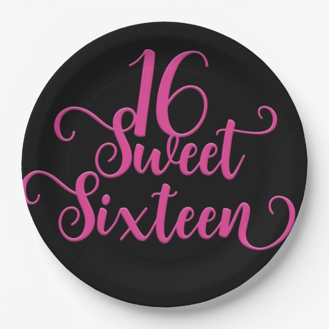 Black & Hot Pink Sweet 16 Birthday Party Paper Plates (Front)