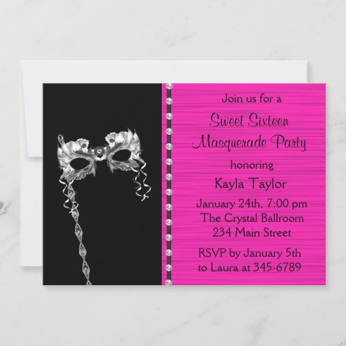 Black Hot Pink Sweet Sixteen Masquerade Party Invitation