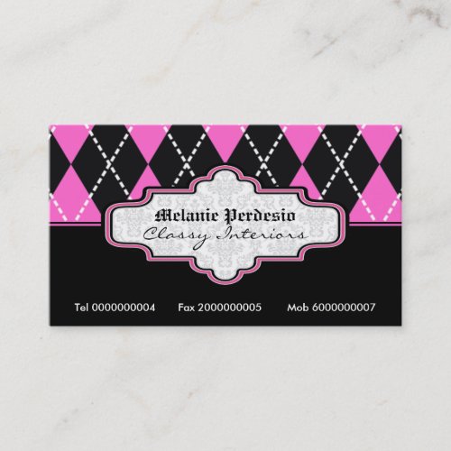 Black hot pink white argyle trendy business cards