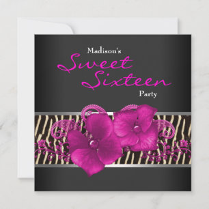Black Hot Pink Zebra Sweet 16 Birthday Party Invitation