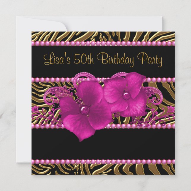 Black Hot Pink Zebra Womans 50th Birthday Party Invitation (Front)