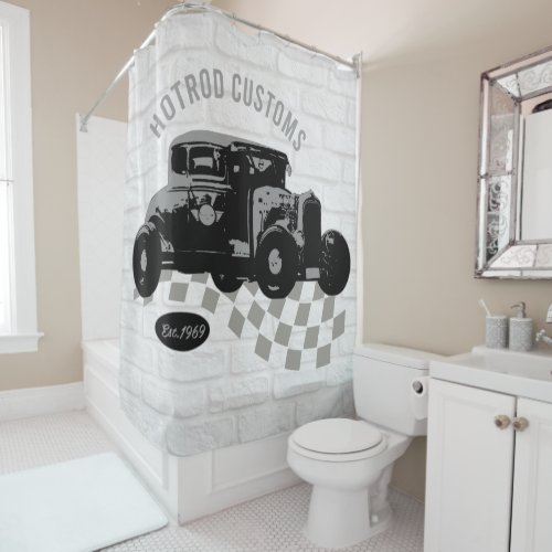 Black Hot Rod on Bricks Shower Curtain