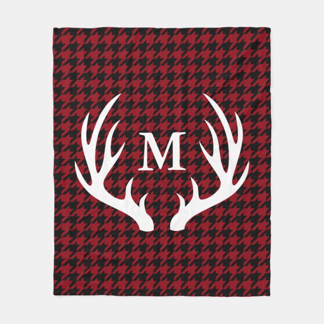 Black Hounds Tooth White Deer Antlers Personalized Fleece Blanket (Front)