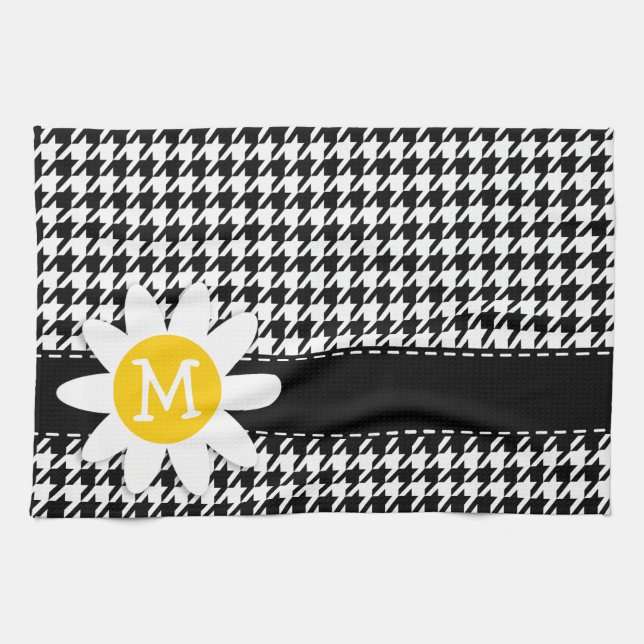 Black Houndstooth; Daisy Kitchen Towel (Horizontal)